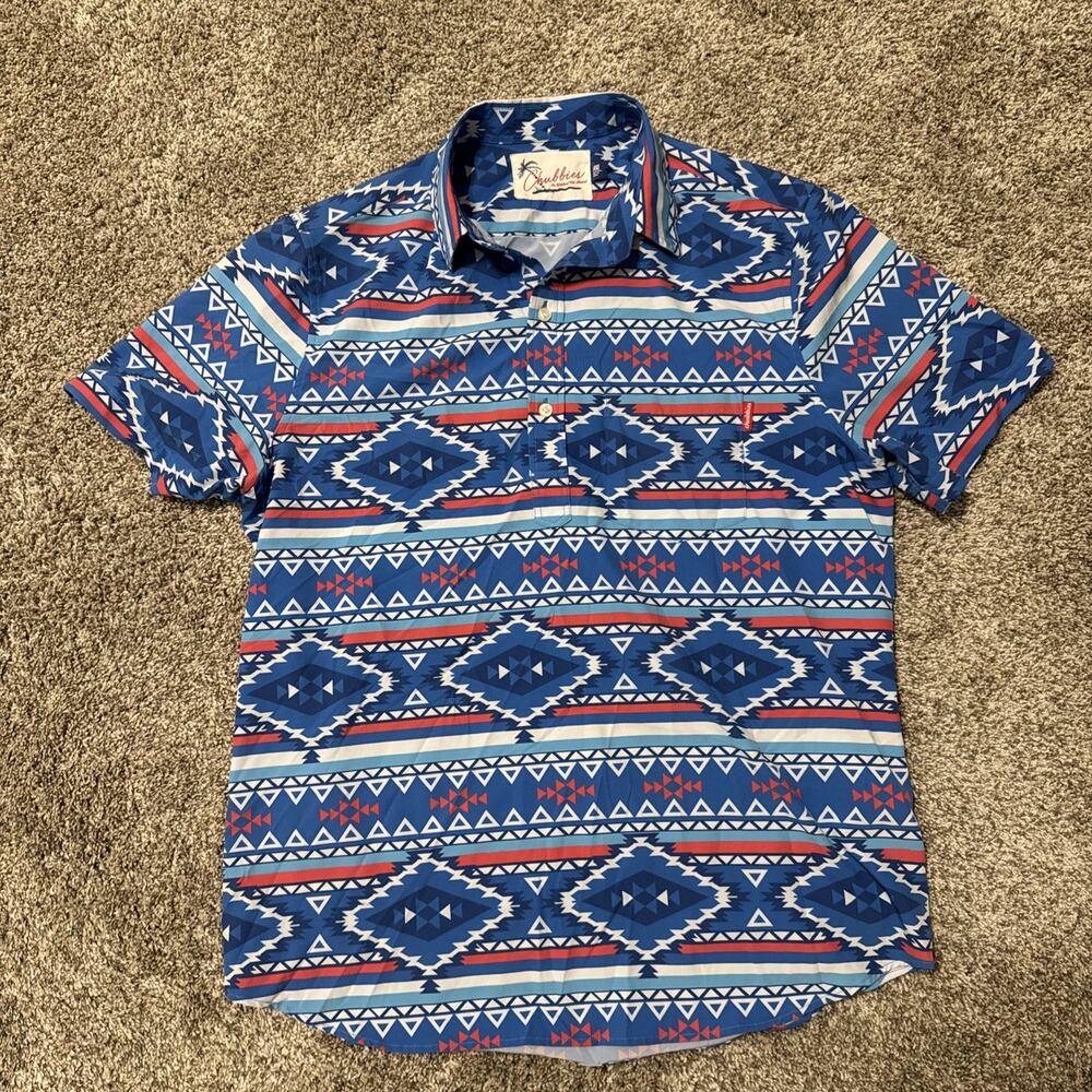 Chubbies Shirt Weekend Polo Men's L Blue Hawaiian Aztec Western